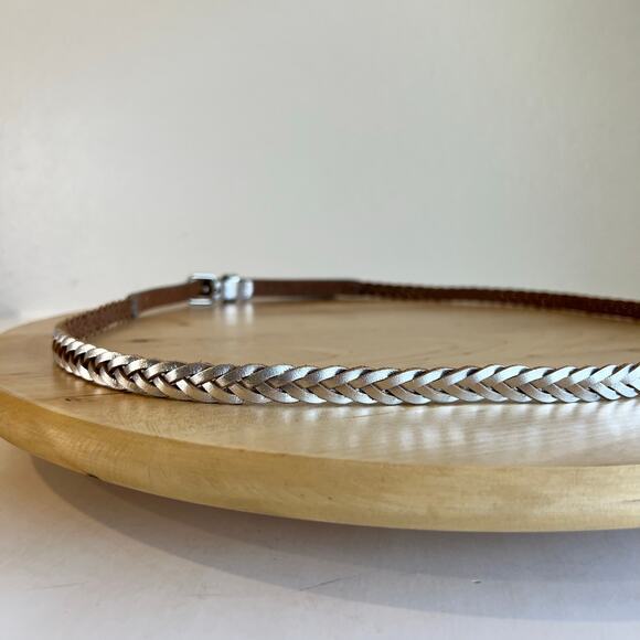 J. Crew Silver Metallic Genuine Leather Thin Skinny Woven Belt Size Large - Picture 4 of 12